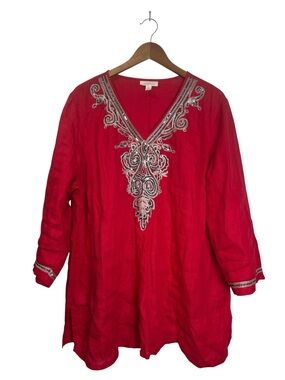 Charter Club Luxury 2X Red Linen Embellished Embroidered V-Neck Red Tunic Top